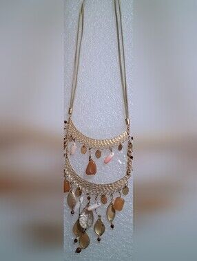 Gold-Tone Boho Dangle Necklace with Pink and Brown Accents